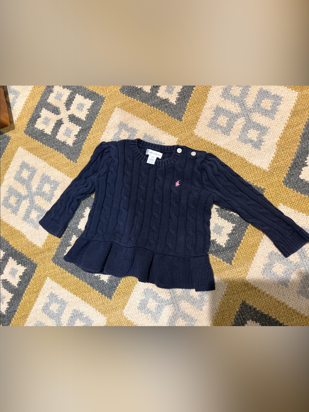 Ralph Lauren Navy Cable Crew peplum Sweater with Pink Pony